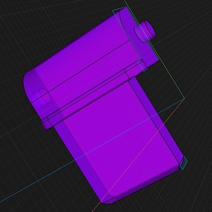 May include: A purple plastic 3D model of a small object with a rounded top and a rectangular base.