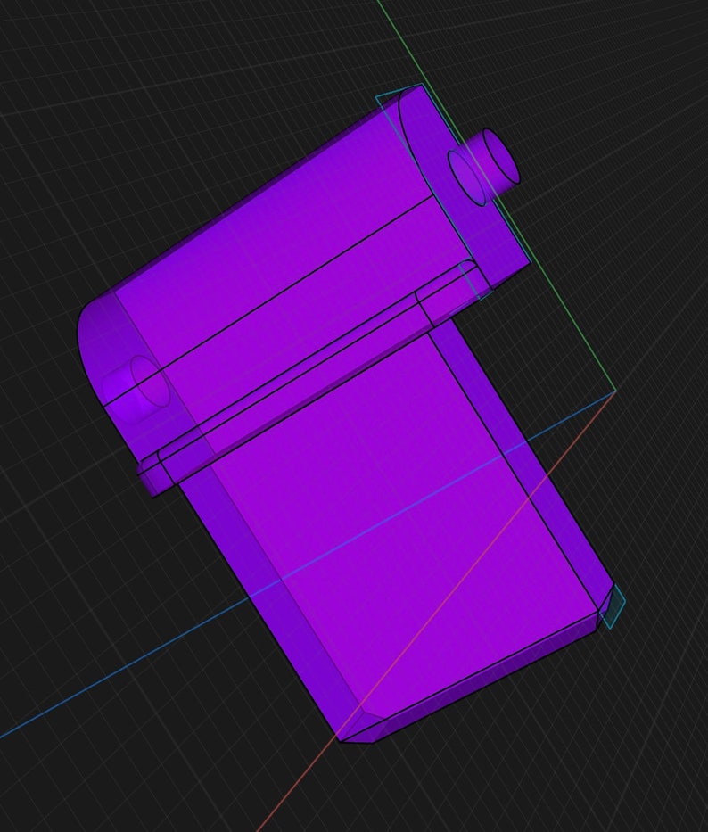 May include: A purple plastic 3D model of a small object with a rounded top and a rectangular base.