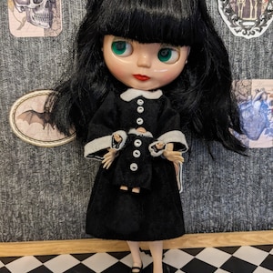 Handsewn Wednesday Addams inspired black gothic dress outfit and headless doll for blythe (doll not included)