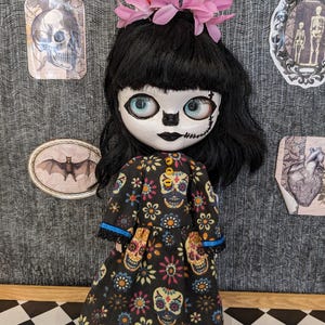 Day of the dead, sugar skull long gothic dress and flower headband for Blythe,doll not included