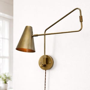 Adjustable Brass Wall Sconce with Swing Arm  | Mid-Century Modern Plug-In Wall Light