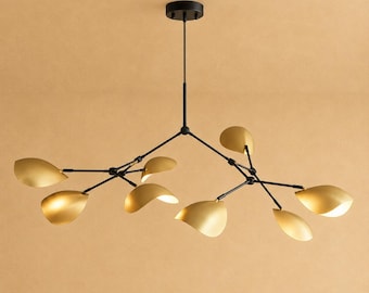 Modern Brass Leaf Chandelier, 8-Light Organic Botanical Ceiling Light