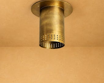 Brass Cylindrical Flush Mount Ceiling Light with Perforated Detail