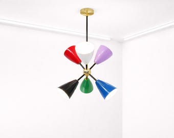 Handmade Multicolored Sputnik Chandelier, Brass Mid Century Ceiling Light