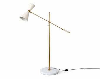 Mid-Century Modern Brass Adjustable Floor Lamp with Double Cone Shade &  Base