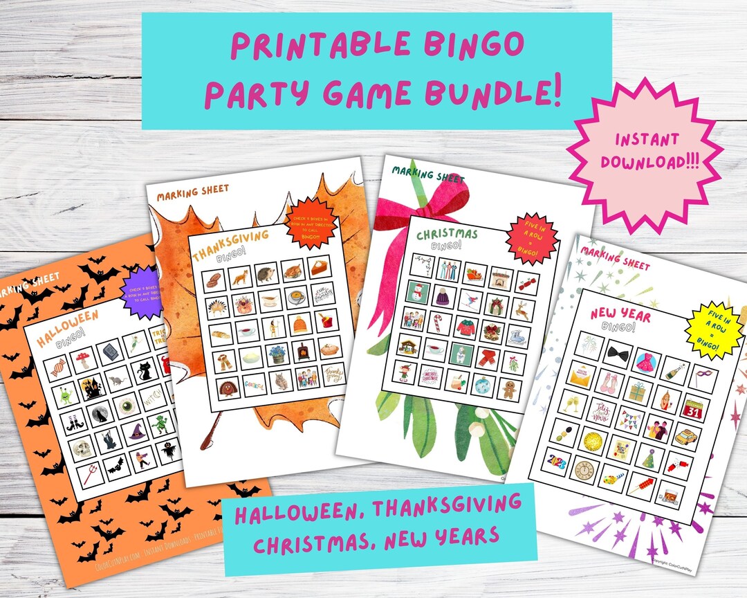 Printable BINGO Party Game Bundle Deal, Set of FOUR Downloadable Bingo