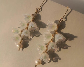 Lily of the Valley Dangle Earrings, Gold Plated Bronze, Freshwater Pearl