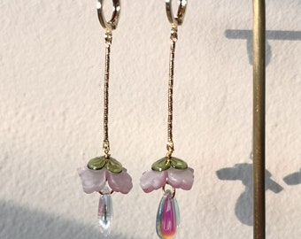 Flower With Morning Dew Earrings, Nature Inspired  Earrings, Long Drop Earrings, Fairy Flower Earrings, Flower Dangle Earrings, Gift for her