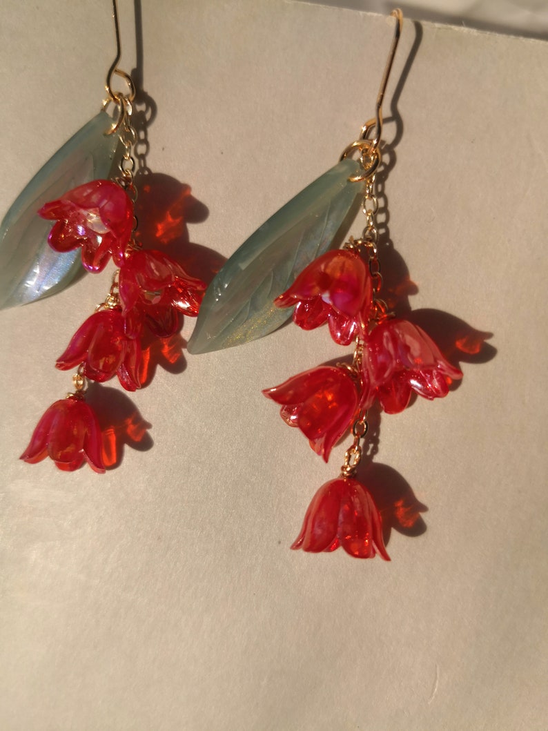 Lily of the Valley Earrings, Red Lily Earrings,Dangle Earrings,Dainty Floral Earrings, Fairy Flower ,Cottagecore earring,Bridal Earring image 6