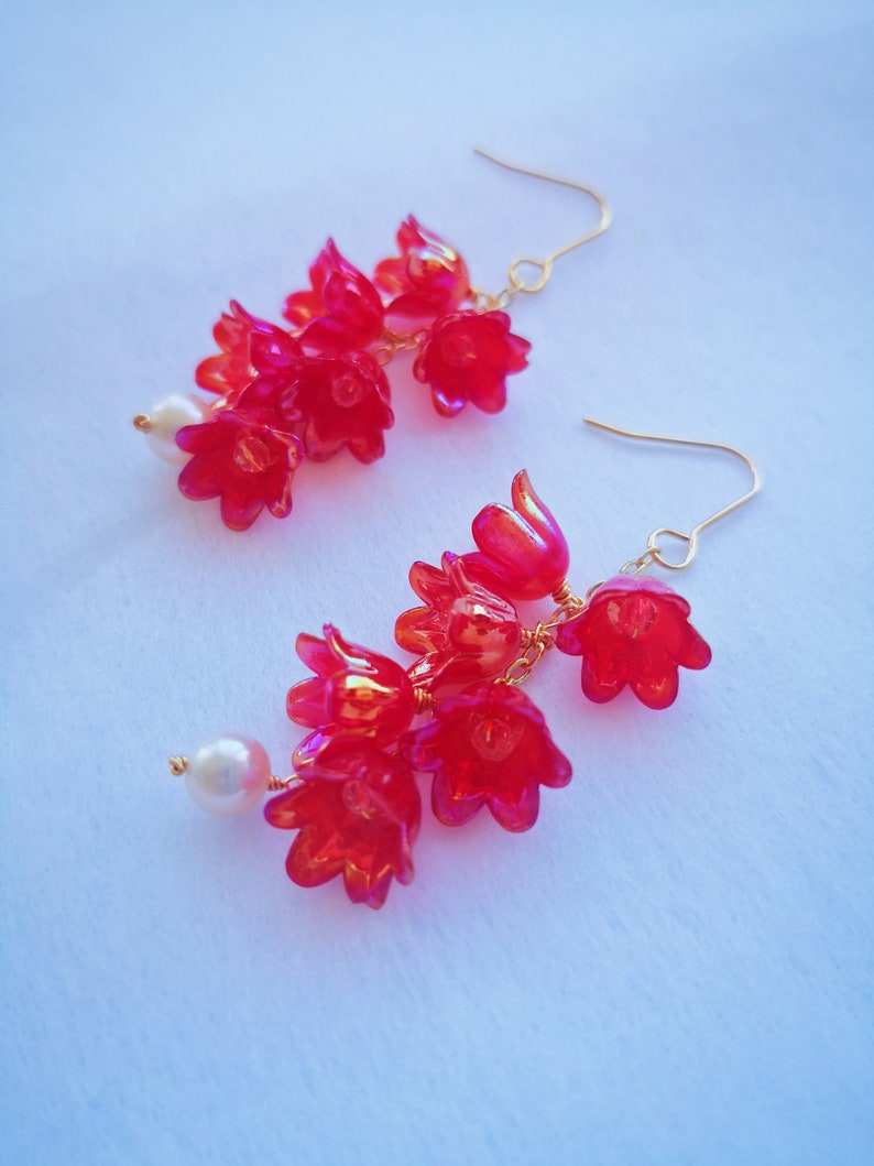 Lily of the Valley Earrings, Red Lily Earrings,Dangle Earrings,Dainty Floral Earrings, Fairy Flower ,Cottagecore earring,Bridal Earring image 9