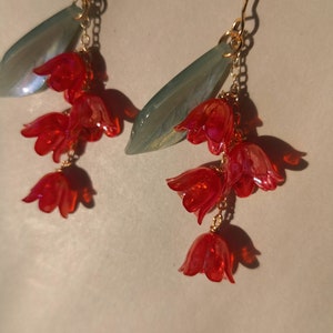 Lily of the Valley Earrings, Red Lily Earrings,Dangle Earrings,Dainty Floral Earrings, Fairy Flower ,Cottagecore earring,Bridal Earring image 3