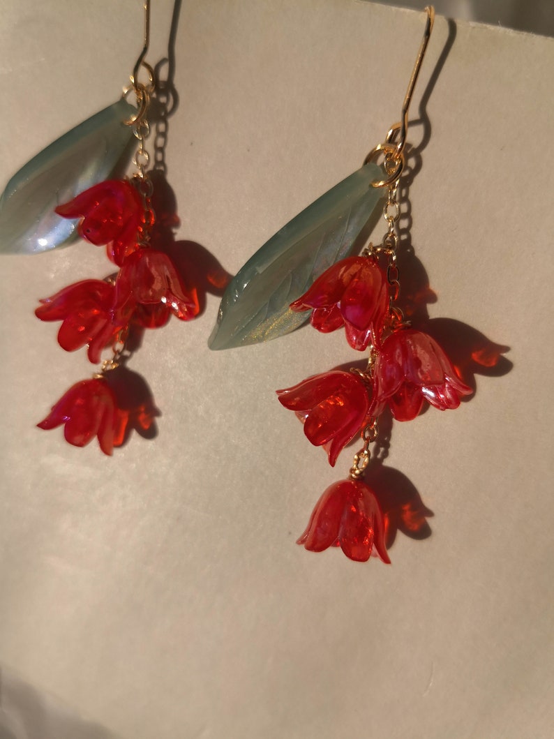 Lily of the Valley Earrings, Red Lily Earrings,Dangle Earrings,Dainty Floral Earrings, Fairy Flower ,Cottagecore earring,Bridal Earring image 3
