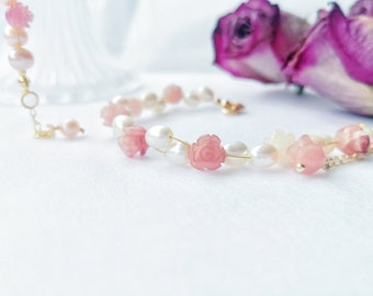 Pink Rose and Freshwater Pearl Bracelet, Flower Bracelet, Fairycore Bracelet, Fairy Bracelet ,Cottagecore, wedding and bridesmaid bracelet