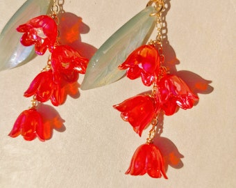 Lily of the Valley Earrings, Red Lily Earrings,Dangle Earrings,Dainty Floral Earrings, Fairy Flower ,Cottagecore earring,Bridal  Earring