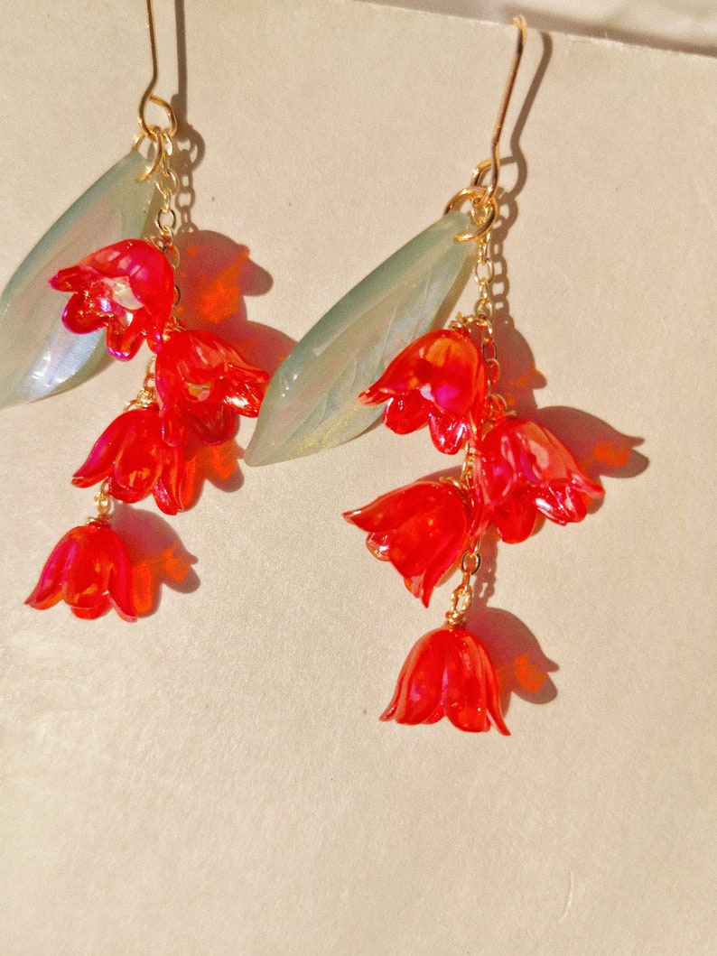 Lily of the Valley Earrings, Red Lily Earrings,Dangle Earrings,Dainty Floral Earrings, Fairy Flower ,Cottagecore earring,Bridal Earring image 1