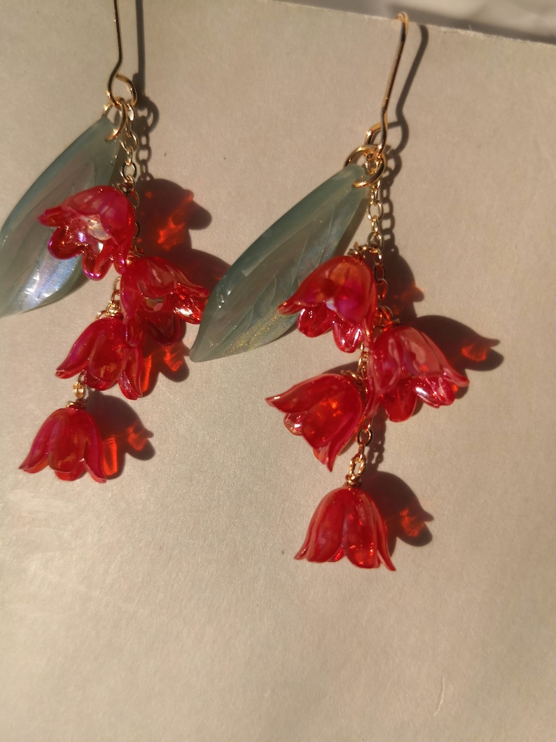 Lily of the Valley Earrings, Red Lily Earrings,Dangle Earrings,Dainty Floral Earrings, Fairy Flower ,Cottagecore earring,Bridal Earring image 7