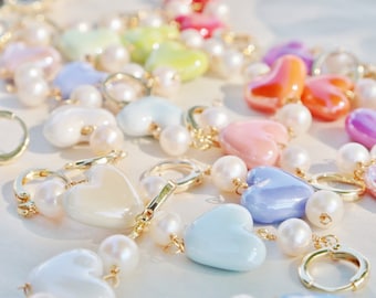 Porcelain heart earrings, Ceramic heart earrings,Porcelain pearl drop earrings,Minimalist Earrings, Colorful Earrings, Heart Earrings, Pearl