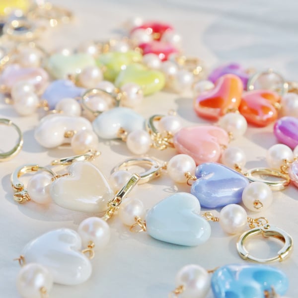 Porcelain heart earrings, Ceramic heart earrings,Porcelain pearl drop earrings,Minimalist Earrings, Colorful Earrings, Heart Earrings, Pearl