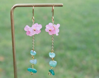 May include: A pair of dangle earrings with pink flower charms and a chain of turquoise green gemstone beads.
