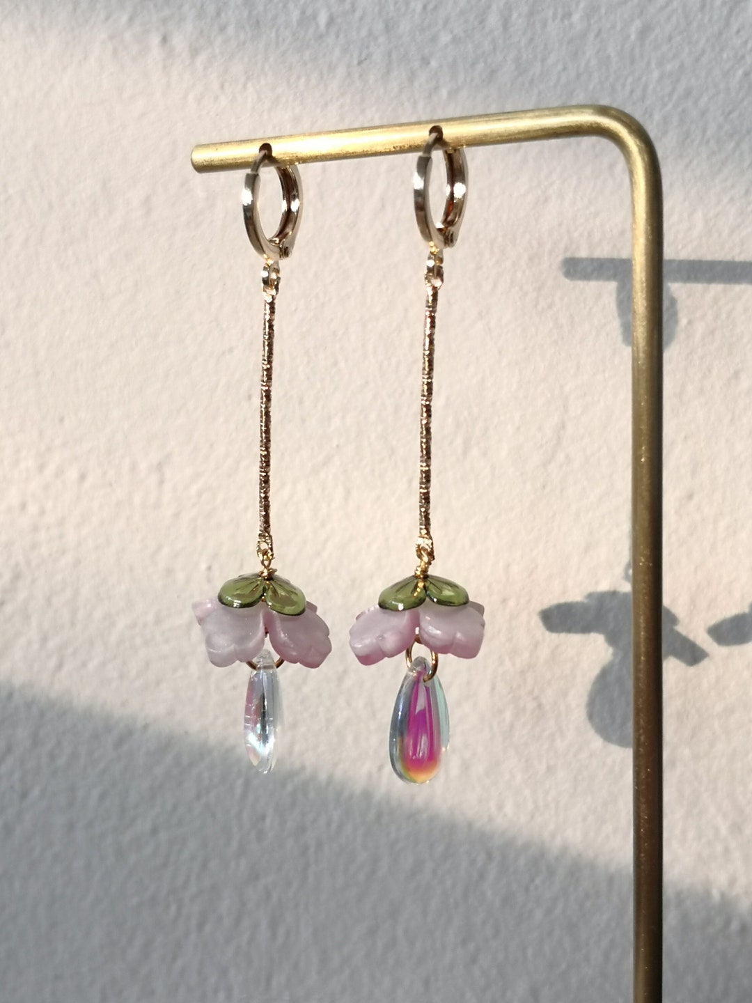 Cute Pink Flower Dangle Earrings – Pearl & Sakura Leaf Design, Fairy Statement Earrings For Summer