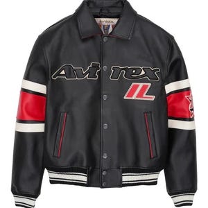 Avirex Men&#39;s Chicago Leather Varsity Jacket | Black Red Bomber | Retro Streetwear | USA IL Letterman Coat-Best Vintage Style Gift for Him