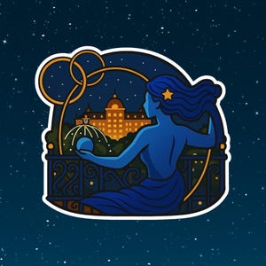 May include: A sticker featuring a blue silhouette of a woman gazing at a cityscape at night. The woman holds a glowing orb, with a gold star in her hair. The background shows a building with lit windows.