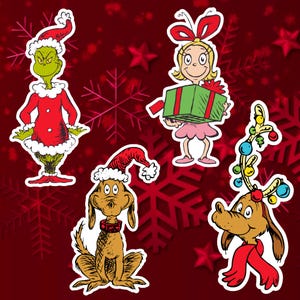 May include: A collection of Christmas-themed cartoon character stickers. The stickers feature the Grinch in a Santa suit, a girl holding a gift, and two dogs wearing Santa hats and festive decorations. The background is a deep red with snowflakes.