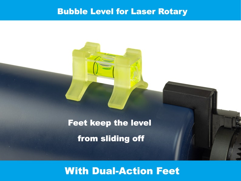 May include: A yellow bubble level with dual-action feet attached to a blue laser rotary level. The text "Feet keep the level from sliding off" and "With Dual-Action Feet" are visible below the level.