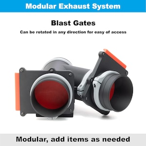 K&ouml;nnte beinhalten: Ein modulares Auspuffsystem mit Prallklappen. Das System ist schwarz mit roten und orangen Akzenten. Der Text "Blast Gates" und "Modular Exhaust System" ist sichtbar. Die Klappen k&ouml;nnen f&uuml;r einen einfachen Zugang gedreht werden.