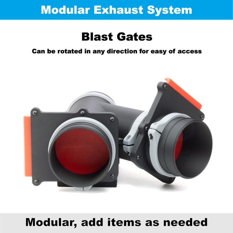 K&ouml;nnte beinhalten: Ein modulares Auspuffsystem mit Prallklappen. Das System ist schwarz mit roten und orangen Akzenten. Der Text "Blast Gates" und "Modular Exhaust System" ist sichtbar. Die Klappen k&ouml;nnen f&uuml;r einen einfachen Zugang gedreht werden.