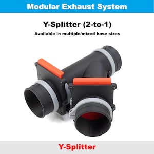 K&ouml;nnte beinhalten: Ein schwarzer Y-Splitter (2-zu-1) f&uuml;r ein modulares Auspuffsystem. Der Splitter hat zwei Einl&auml;sse und einen Auslass, mit orangefarbenen und grauen Akzenten. Der Text "Modular Exhaust System" und "Y-Splitter" sind sichtbar.