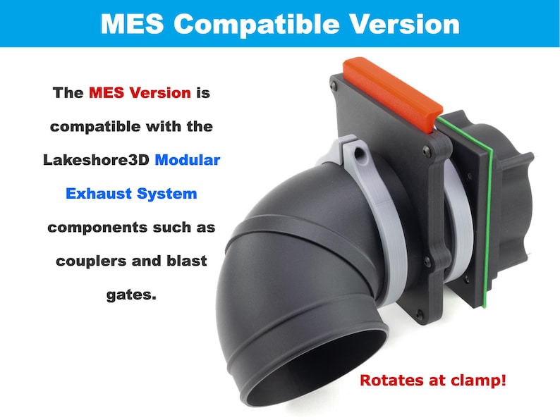 Shows the MES version with an Modular Exhaust System (MES) blast gate (sold separately) and a 4-inch 90-degree hose end.