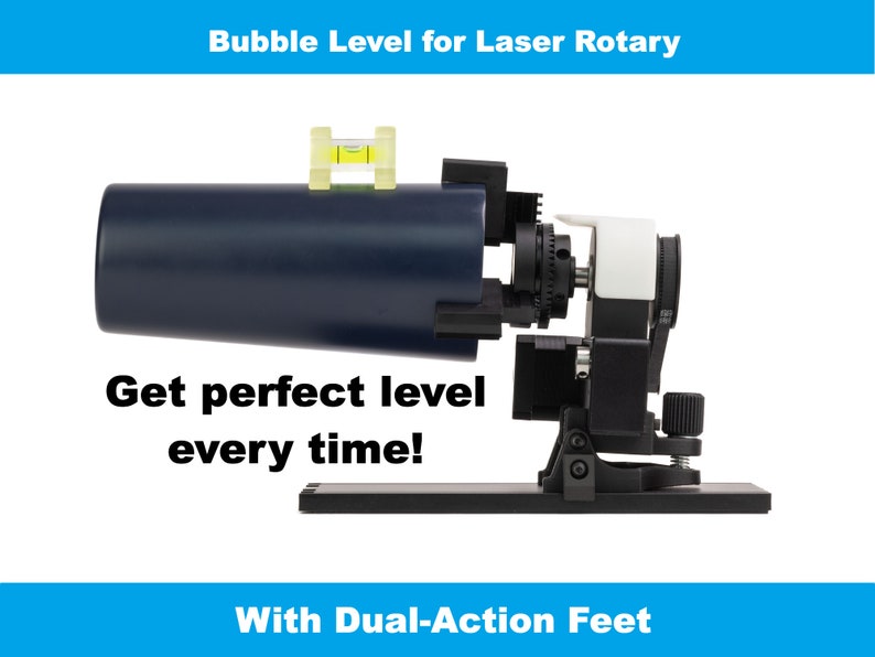 May include: A black and white laser rotary level with a bubble level on top. The level is mounted on a black base with adjustable feet. The text "Get perfect level every time!" is written below the level. The text "With Dual-Action Feet" is written below the base.