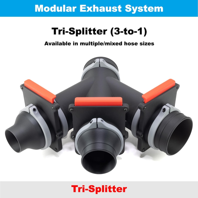 K&ouml;nnte beinhalten: Ein schwarzes Tri-Splitter (3-zu-1) Auspuffsystem-Bauteil mit drei Ausg&auml;ngen. Die Komponente hat orange und graue Akzente und den Text "Modular Exhaust System" und "Tri-Splitter (3-to-1)".