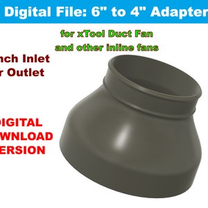 Puede incluir: Archivo de descarga digital para un adaptador de conducto de 15,24 cm a 10,16 cm. El adaptador es gris y está hecho de plástico. Está diseñado para usarse con ventiladores de conducto xTool y otros ventiladores en línea. El adaptador tiene una entrada o salida de 10,16 cm.