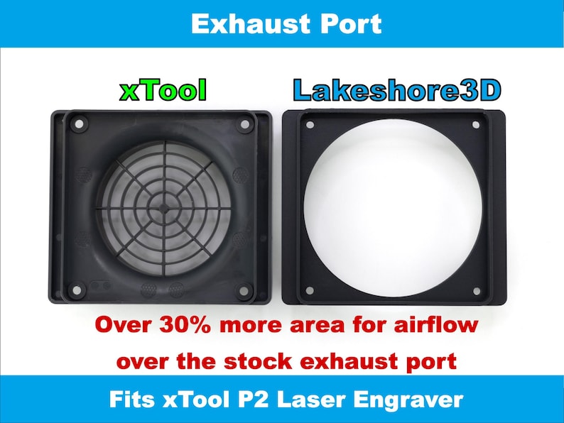 Shows a comparison of the xTool and Lakeshore3D ports. Shows the Lakeshore3D port has a throat area with 30% more area for airflow.