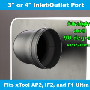 May include: A black plastic 3 or 4 inch inlet or outlet port for a dust collector. It is available in straight and 90-degree versions. The port fits xTool AP2, IF2, and F1 Ultra dust collectors.