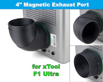 May include: A 4-inch magnetic exhaust port for the xTool F1 Ultra laser engraver. The port is black and has a round shape. It is designed to connect to a hose or duct to vent fumes and smoke away from the user.