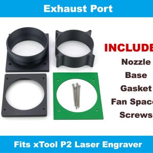 Shows the items included which are the nozzle, base, gasket, fan spacer, and screws.