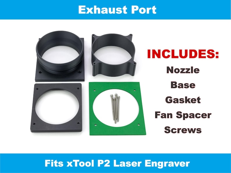 Shows the items included which are the nozzle, base, gasket, fan spacer, and screws.