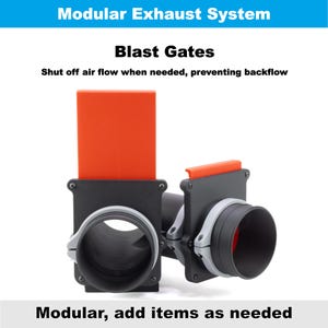 K&ouml;nnte beinhalten: Ein modulares Auspuffsystem mit "Blast Gates" in Orange und Grau. Das Bild enth&auml;lt den Text "Shut off air flow when needed, preventing backflow" und "Modular, add items as needed."