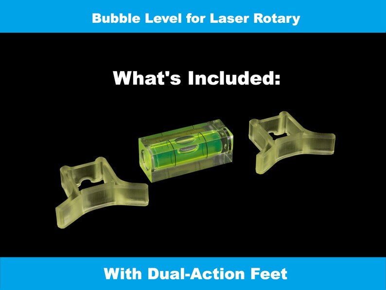 May include: A green bubble level with a clear plastic housing and two clear plastic feet. The text "What's Included: With Dual-Action Feet" is visible below the level.