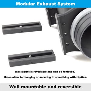 K&ouml;nnte beinhalten: Ein modulares Auspuffsystem mit Wandkomponenten. Das Bild zeigt mehrere dunkelgraue rechteckige Wandhalterungen mit einem zentralen Loch und eine gr&ouml;&szlig;ere zylindrische Komponente. Der Text auf dem Bild lautet: "Wandmontierbar und reversibel."
