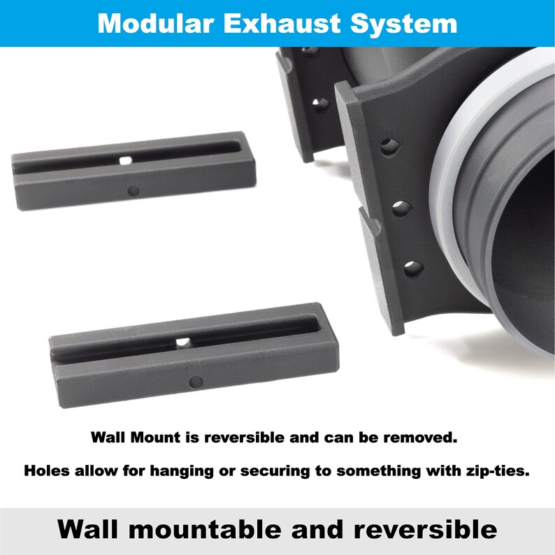 K&ouml;nnte beinhalten: Ein modulares Auspuffsystem mit Wandkomponenten. Das Bild zeigt mehrere dunkelgraue rechteckige Wandhalterungen mit einem zentralen Loch und eine gr&ouml;&szlig;ere zylindrische Komponente. Der Text auf dem Bild lautet: "Wandmontierbar und reversibel."