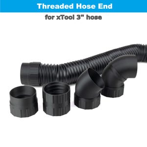 May include: Black threaded hose end and elbow connectors for a 3-inch hose. The image shows a flexible, corrugated hose with several black plastic fittings, including two elbow joints and two threaded connectors. Text on the image reads "Threaded Hose End for xTool 3" hose."