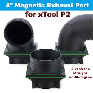 May include: Three black plastic 4-inch exhaust ports for the xTool P2 laser cutter. The ports are available in straight or 90-degree configurations.