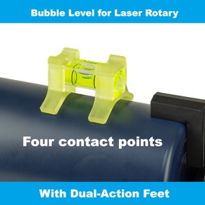 May include: A yellow bubble level with four contact points is attached to a blue laser rotary level. The level has the text "Four contact points" and "With Dual-Action Feet" printed on it.