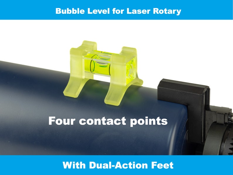 May include: A yellow bubble level with four contact points is attached to a blue laser rotary level. The level has the text "Four contact points" and "With Dual-Action Feet" printed on it.