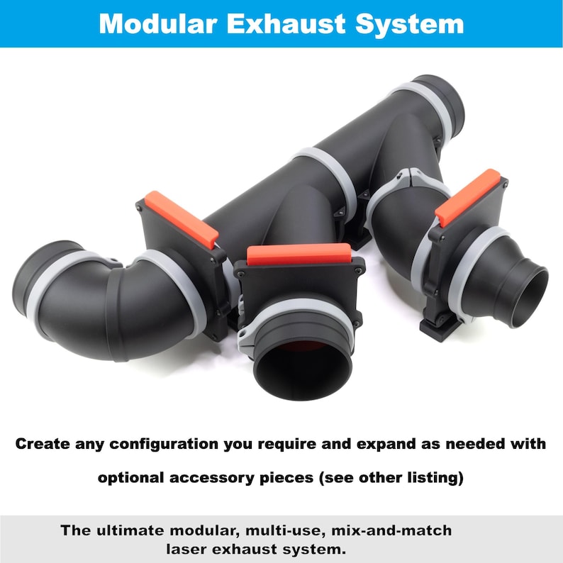 K&ouml;nnte beinhalten: Ein modulares Auspuffsystem mit schwarzen Rohren, grauen Anschl&uuml;ssen und orangefarbenen Akzenten. Das System umfasst verschiedene Winkel- und gerade Rohrabschnitte. Der Text oben lautet "Modular Exhaust System". Der Text unten lautet "The ultimate modular, multi-use, mix-and-match laser exhaust system."
