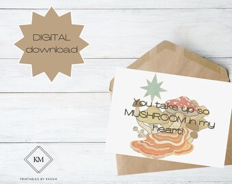 Printable Greeting Card, Instant Digital Download, Love Card, Punny Love Card, Mushroom Card